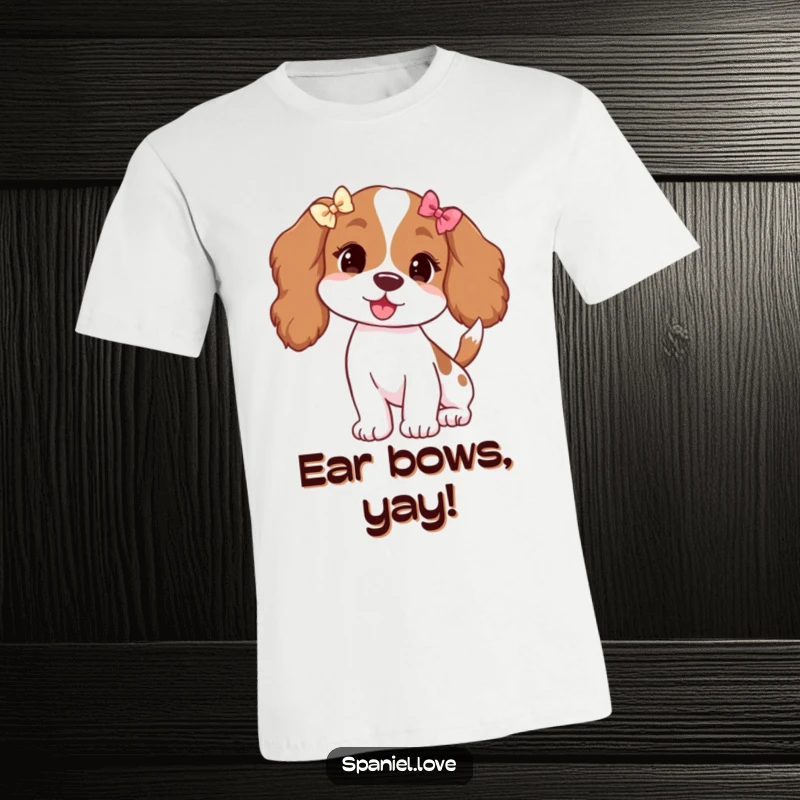 Funny t-shirt featuring a spaniel with floppy ears adorned with tiny bows, wagging its tail with pure joy.
