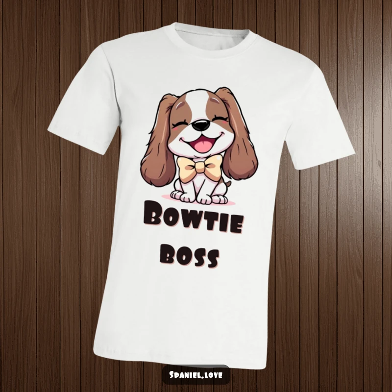 Funny t-shirt depicting a delighted spaniel character wearing an enormous bowtie and giving a playful wink.