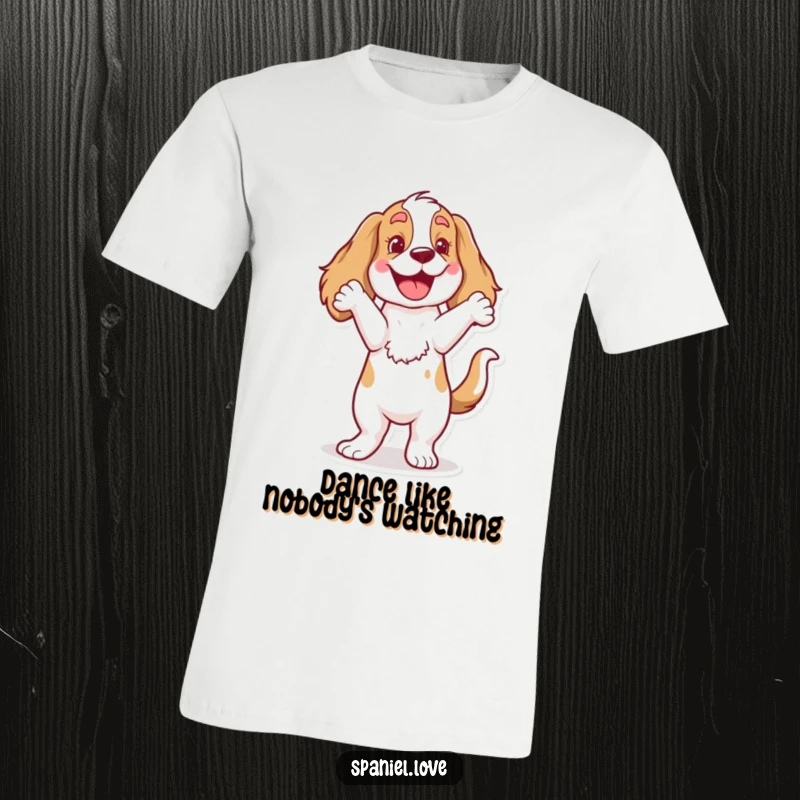 Funny Spaniel T-Shirt: A happy dog with a wagging tail captured mid-dance, radiating pure, comical delight and energy.