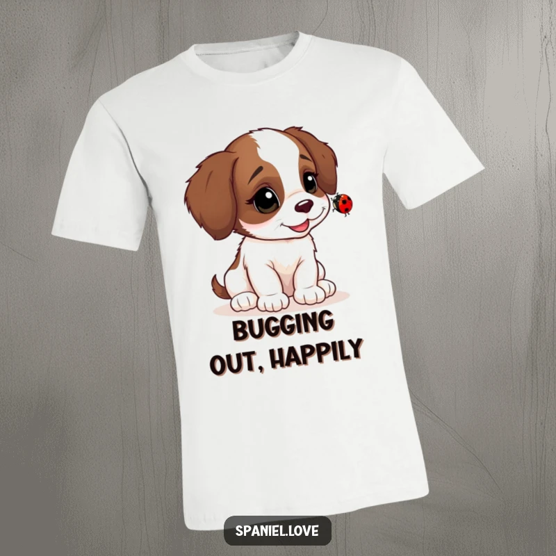 Funny Spaniel cub t-shirt, head tilted in wonder, observing a tiny ladybug, a charming and humorous design.