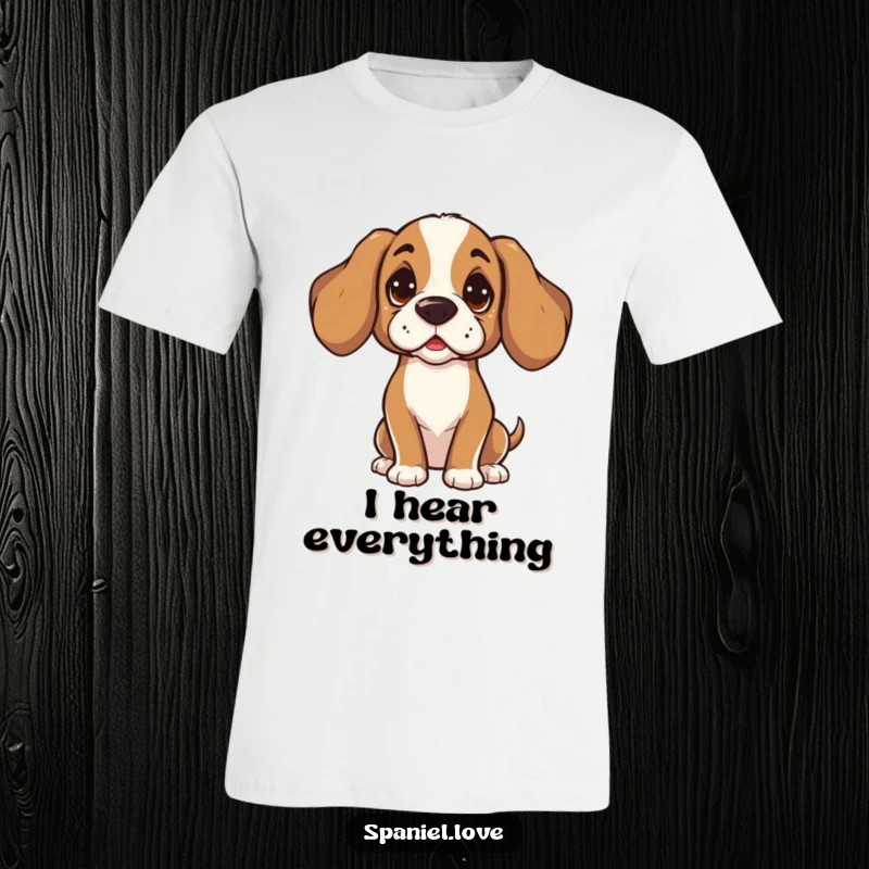 Funny Spaniel t-shirt with a character tilting its head curiously, listening intently. This shirt features a sweet and attentive dog ready for a chat.