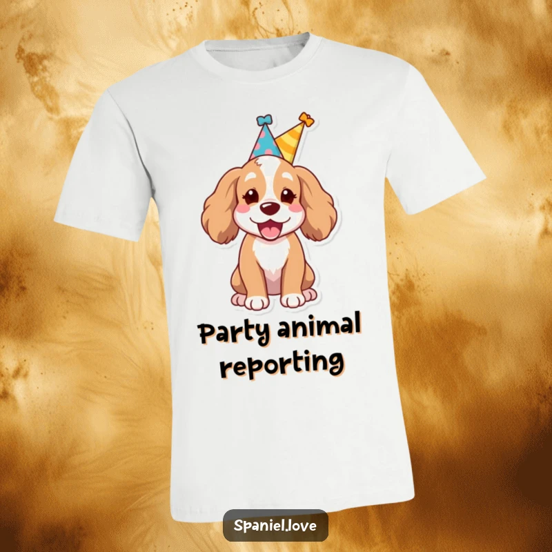 Funny Spaniel dog wearing a small party hat, letting out a joyful bark on a t-shirt, perfect for celebrations.