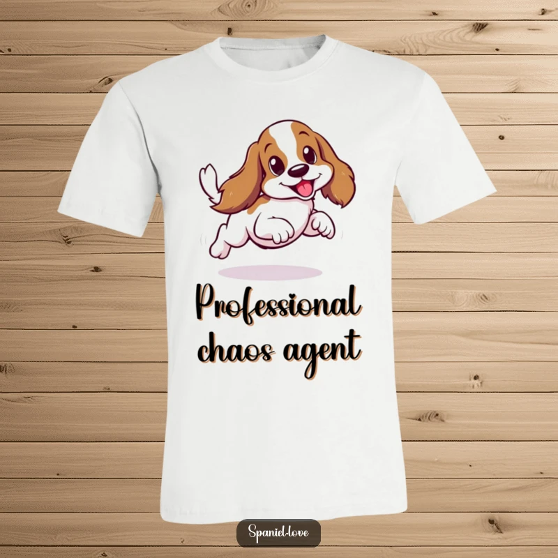 Funny spaniel in a full sideways scurry, tail wagging wildly, on a humorous t-shirt.