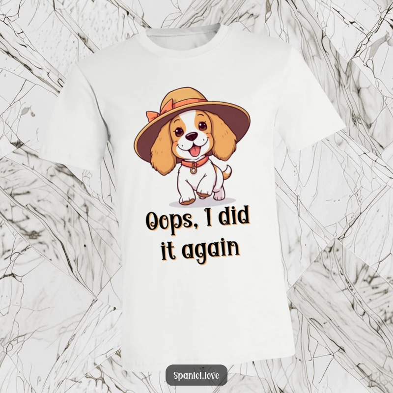 Funny spaniel t-shirt, a playful dog losing its balance while wearing an enormous, funny hat, depicting comical misfortune.