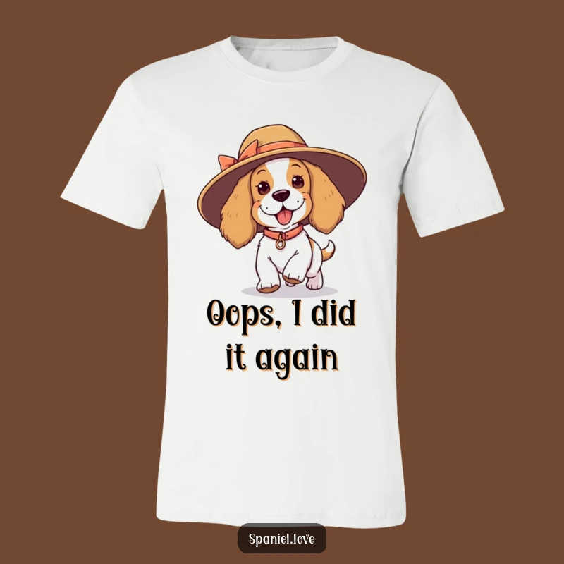 Funny Spaniel Tripping Hat T-Shirt - Playful Mishap, Comical Graphic Tee