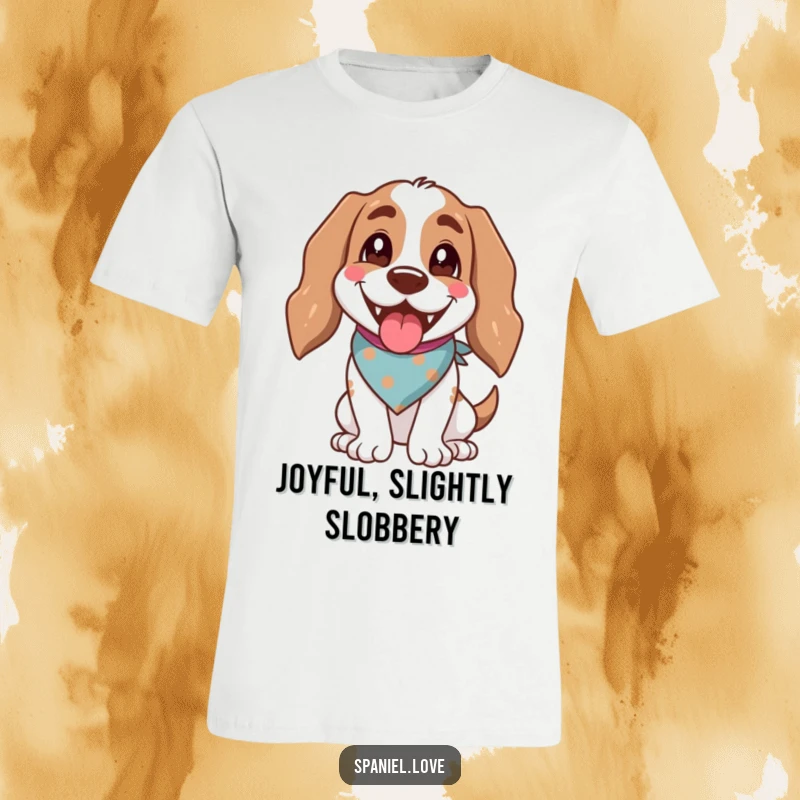 Funny spaniel in a bandana, panting happily with mouth open, conveying pure joy on a humorous t-shirt.