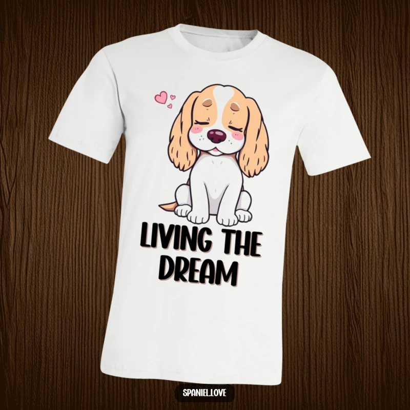 Funny Spaniel Treat Dream T-Shirt: A contented spaniel sleeps with eyes closed, dreaming of a mountain of tasty treats, pure bliss.