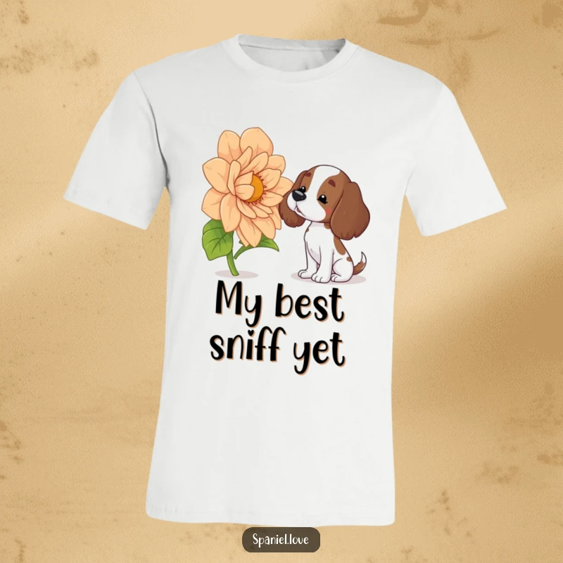 Funny spaniel t-shirt with a curious dog tilted head sniffing a giant colorful flower, showcasing a moment of sweet, humorous fascination.
