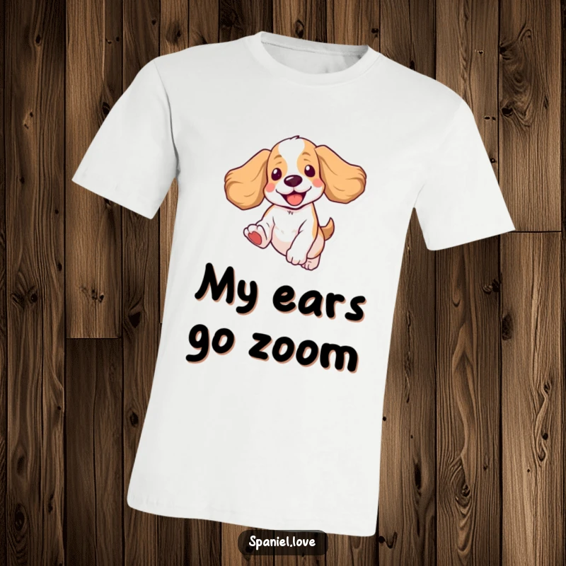 Funny Spaniel T-Shirt: A happy spaniel with ears flapping during an energetic jump, showcasing pure canine joy.