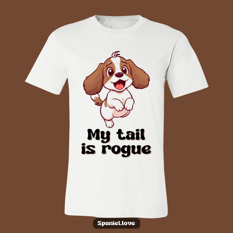 Funny Spaniel Tail Leap Tee: Wearable Comedy of a Surprised Dog Character.