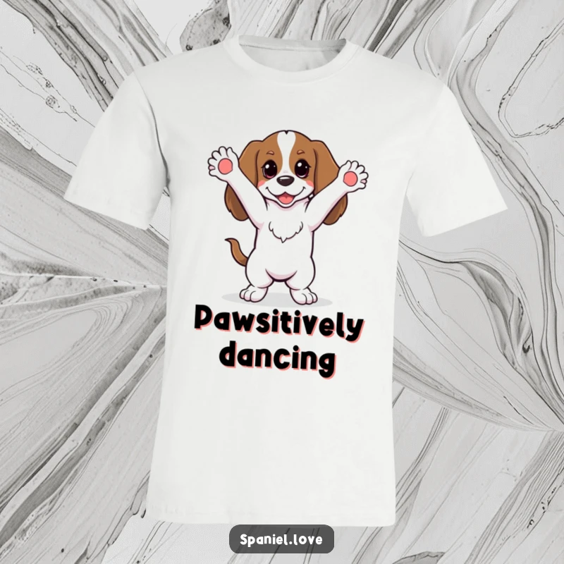 Funny spaniel doing a silly dance with paws in the air on a T-shirt, depicting energetic and humorous canine revelry.