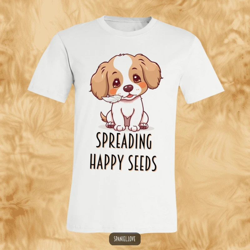 Funny Gentle Spaniel T-Shirt: spaniel blowing a seed, conveying tenderness and nature, perfect gift.