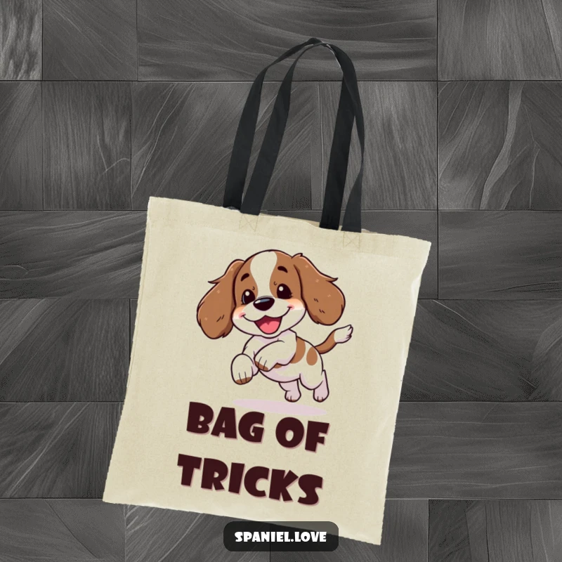 Funny spaniel character happily yipping while chasing its tail, featured on a practical and amusing tote bag.