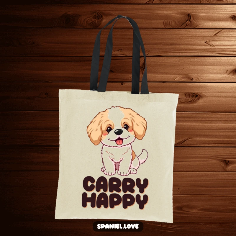 Funny fluffy spaniel puppy with huge ears and a furiously wagging tail on a tote bag, carrying happiness everywhere.