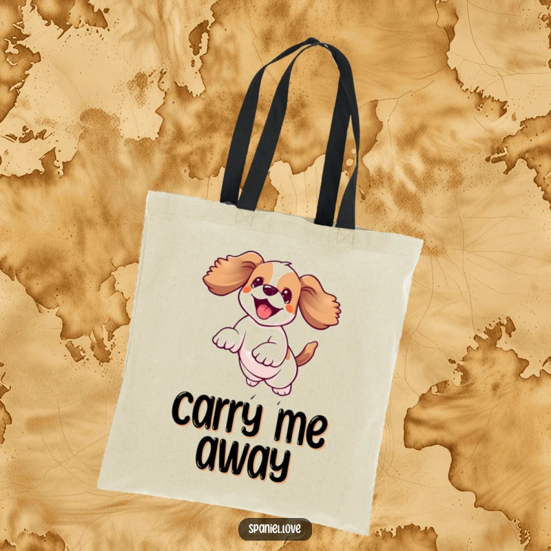 Funny kawaii spaniel leaping joyfully mid-air with floppy ears flying, printed on a durable tote bag for everyday use.