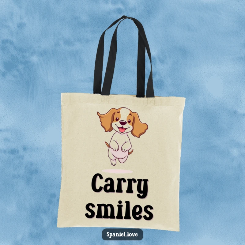 Funny spaniel character happily bouncing with ears flapping in the wind on a tote bag, carrying joy everywhere.