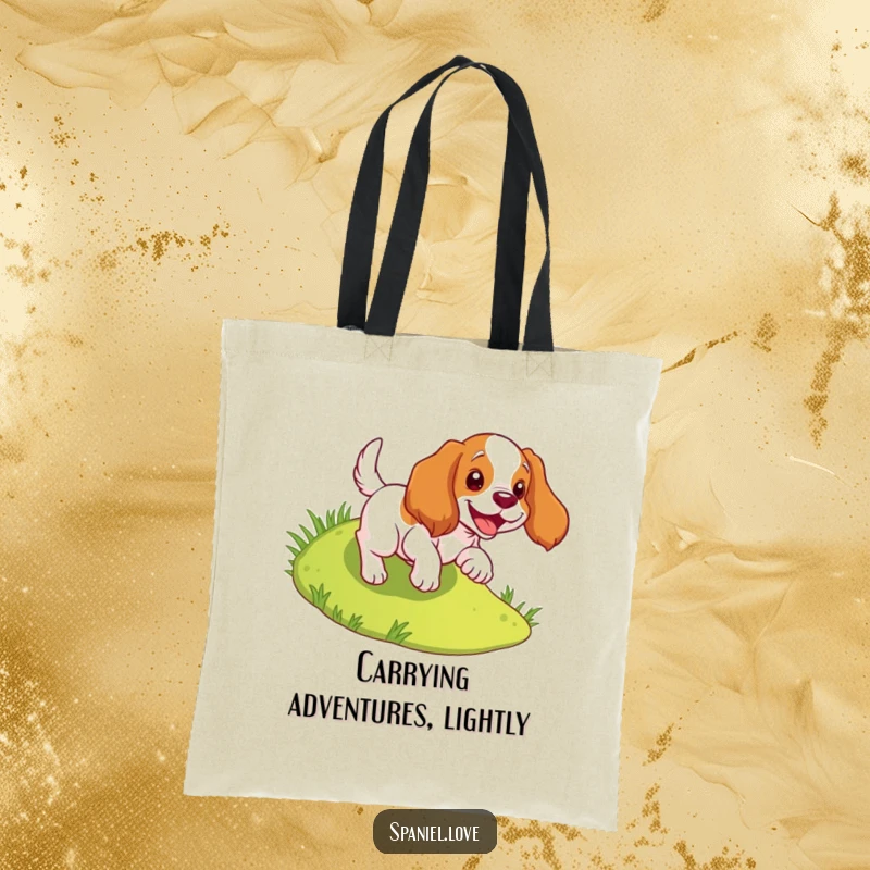 Funny spaniel tote bag showing a dog joyfully tumbling down a grassy slope, perfect for carrying joy.