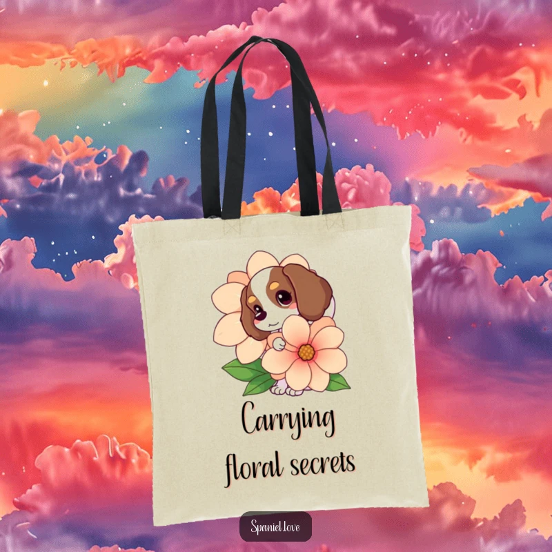 Funny Spaniel tote bag, wagging tail showing, peeking from behind a large bloom, a charming accessory with humor.