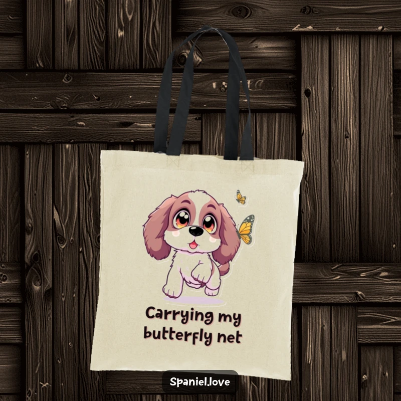 Funny Spaniel tote bag illustrating a Spaniel with oversized, sparkling eyes leaping with excitement towards a butterfly, embodying pure joy.