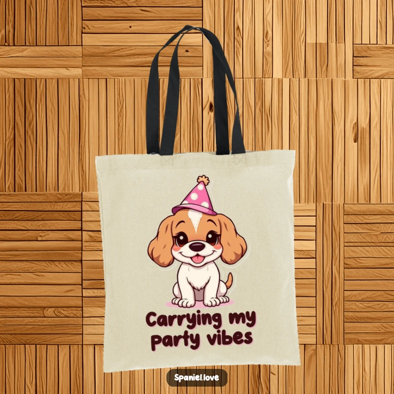 Funny Spaniel tote bag showcasing a goofy grinning character in a party hat, ready for adventure. This bag is a statement of fun and canine celebration.