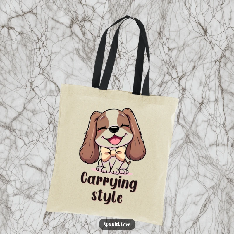 Funny tote bag featuring a delighted spaniel character wearing an enormous bowtie and giving a playful wink.