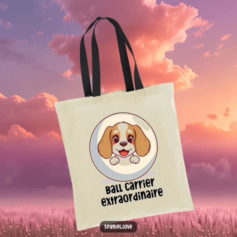Funny Spaniel Tote Bag: A spaniel with a happy bark peeks from behind a comically oversized ball, a fun design.