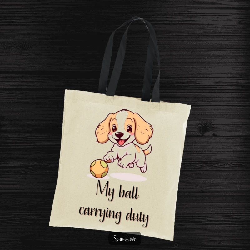 Funny Spaniel tote bag illustrating a happy Spaniel character with floppy ears joyfully chasing a bouncing ball, ready for errands.