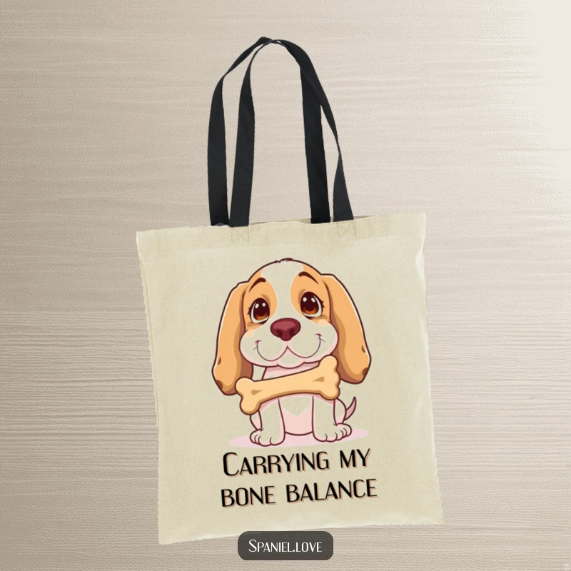 Funny Spaniel Tote Bag: A spaniel balances a bone on its nose with comical focus, a charming companion for your errands.