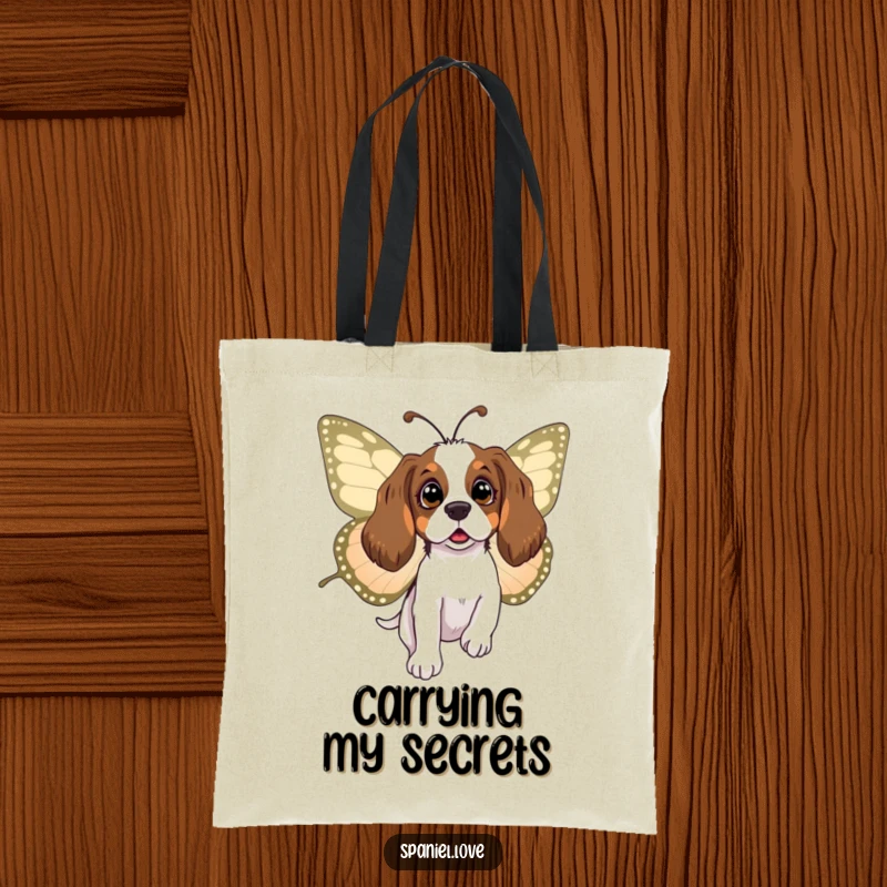 Funny spaniel tote bag depicting a surprised dog being carried by a large butterfly, perfect for carrying your items with whimsical flair.