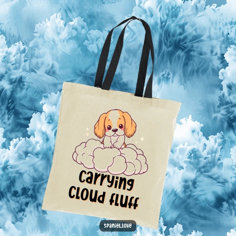 Funny Spaniel Tote Bag: A spaniel gleefully digs into a pile of soft, billowing clouds, a whimsical scene.