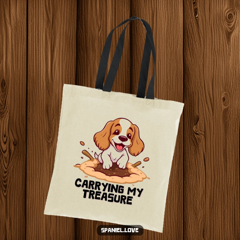 Funny spaniel tote bag with a cartoon spaniel happily digging a hole, showing exaggerated motion and dirt flying, a practical accessory.