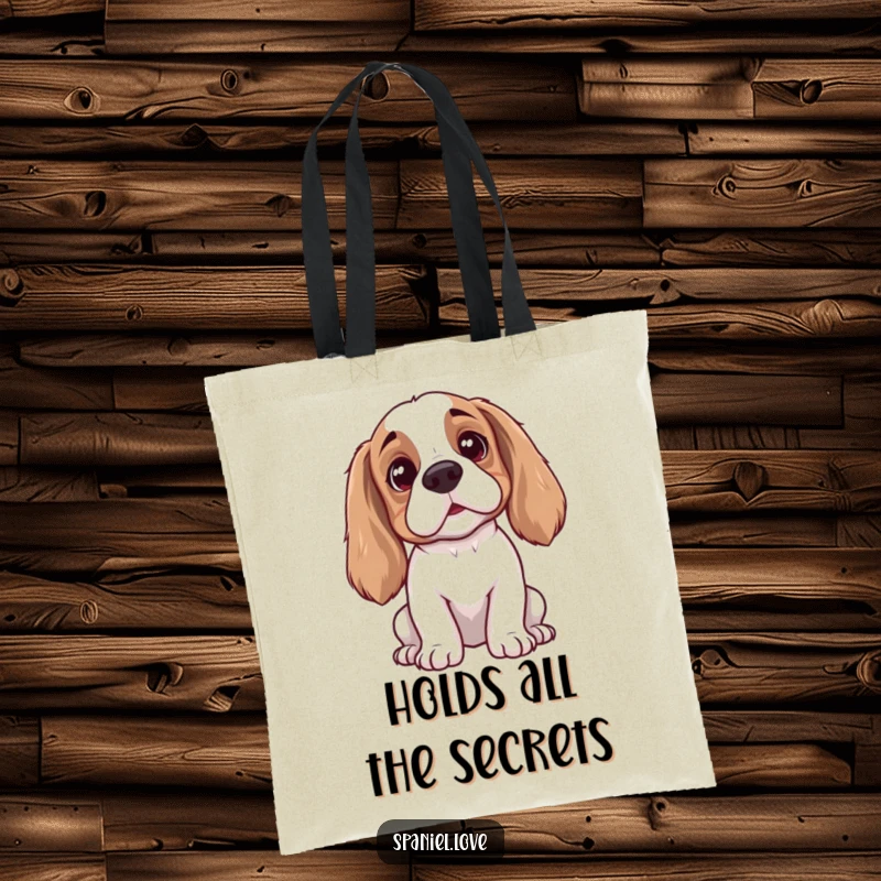 Funny spaniel tote bag depicting an attentive dog with perked ears and a curious head tilt, ready to listen, a humorous accessory.