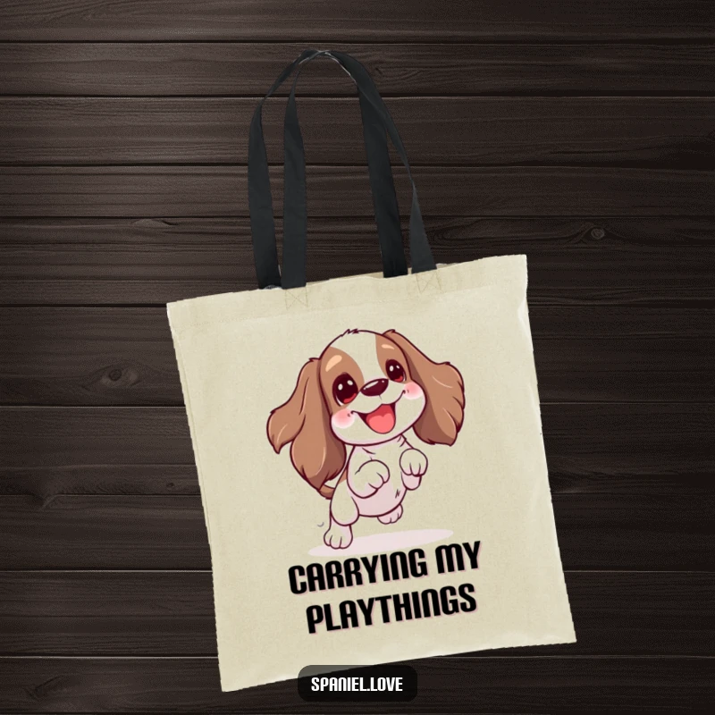 Funny Spaniel tote bag depicting an excited wiggle and jump for a toy. This bag is ideal for carrying essentials while radiating playful energy.