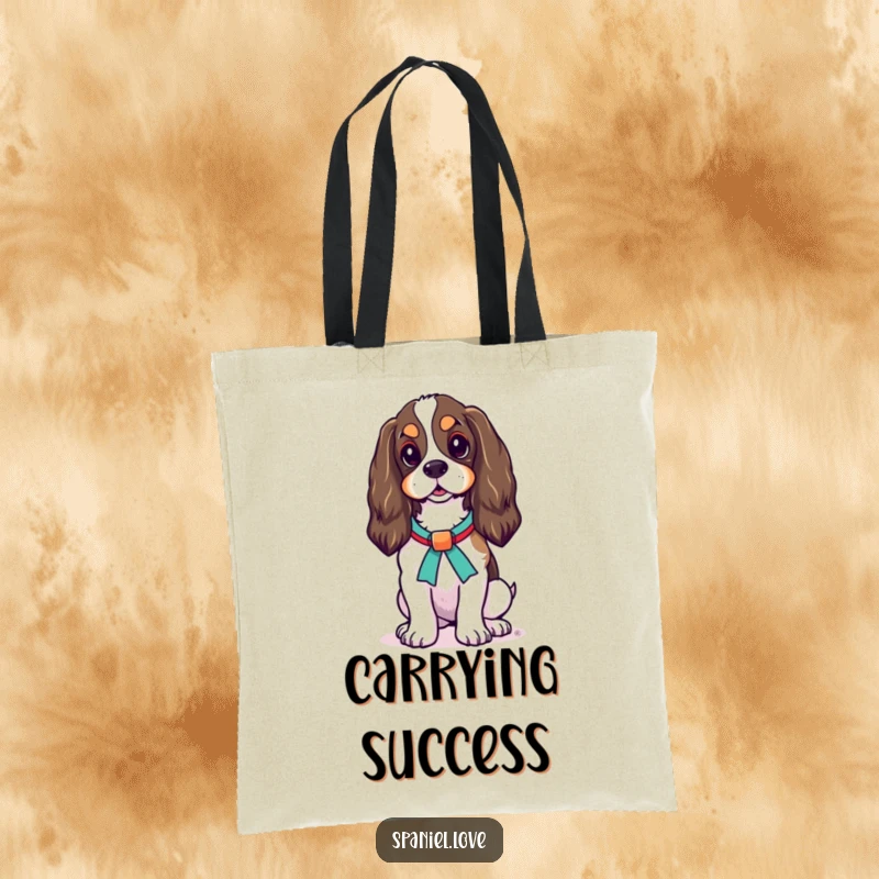 Funny Spaniel Ribbon Tote Bag: A spaniel dog stands tall and proud, decorated with a colorful ribbon around its neck.