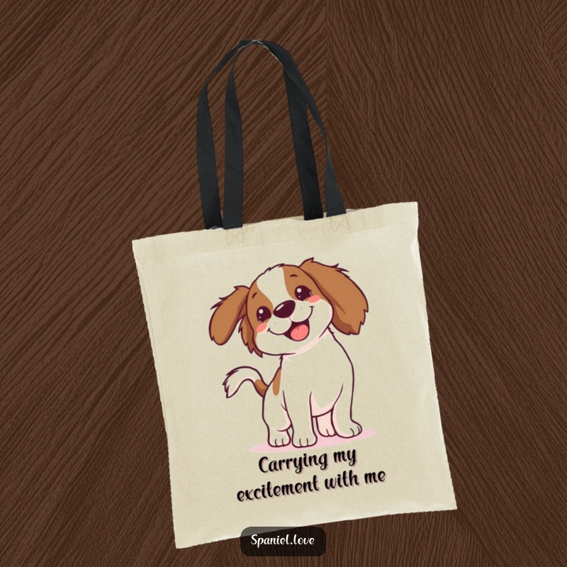 Funny Spaniel Tote Bag: A spaniel's body is a charming blur from its ecstatic tail wags, perfect for carrying your goodies.