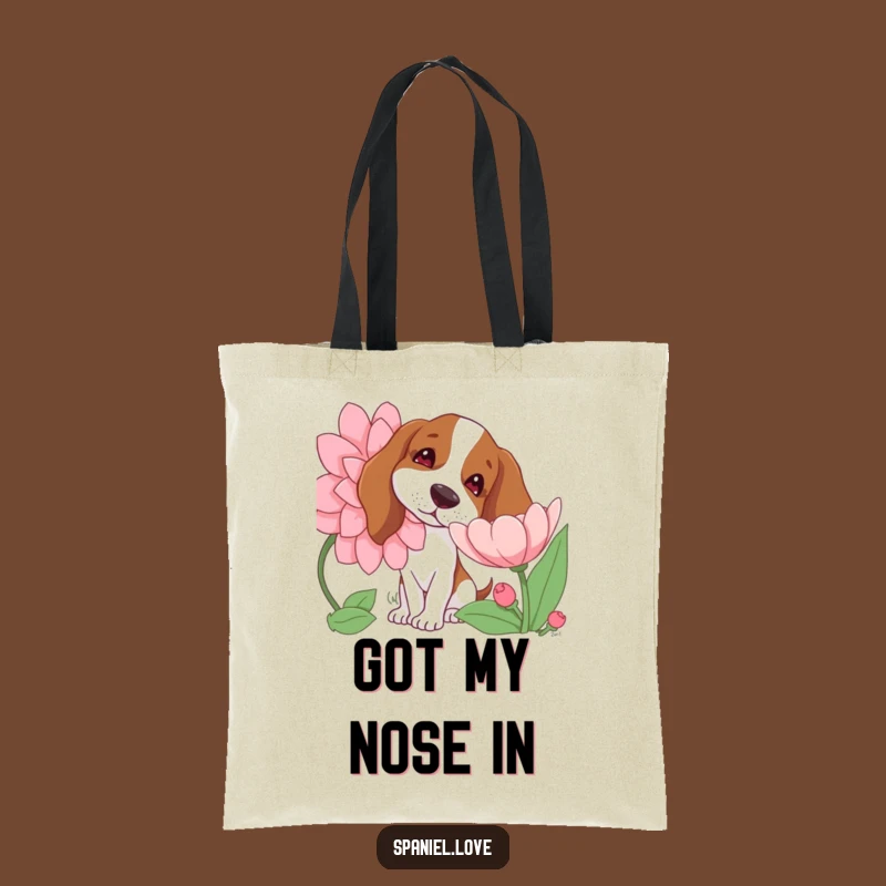 Funny Spaniel Tote Bag: Curious Flower Sniffing Dog Carry-All Gift