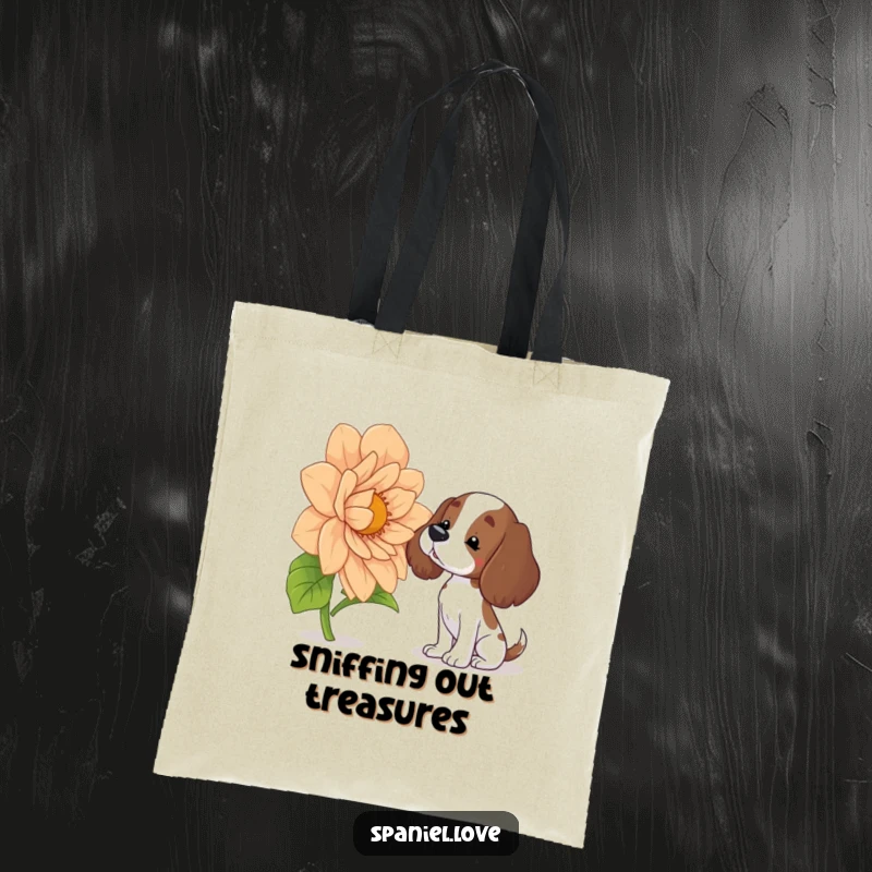 Funny spaniel tote bag illustrating a curious dog with a tilted head sniffing a huge, vibrant flower, perfect for carrying essentials with humor.