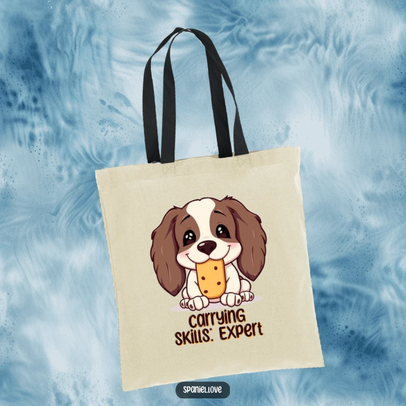 Funny Spaniel Tote Bag: A cute spaniel with a silly grin tries to balance a treat on its nose, a funny visual.