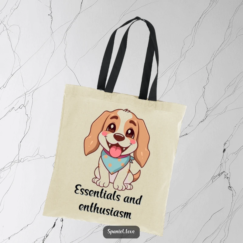 Funny spaniel dog wearing a bandana, panting happily, on a durable tote bag.