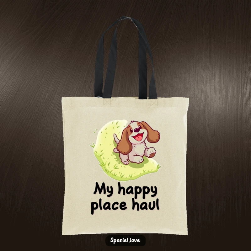 Funny Spaniel Tote Bag: A happy dog character mid-slide down a stylized grassy hill, bringing cheerful energy to your day.