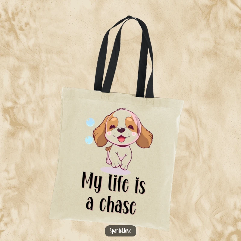 Funny spaniel tote bag, an energetic spaniel dog leaping to catch a floating, iridescent bubble, practical and amusing.