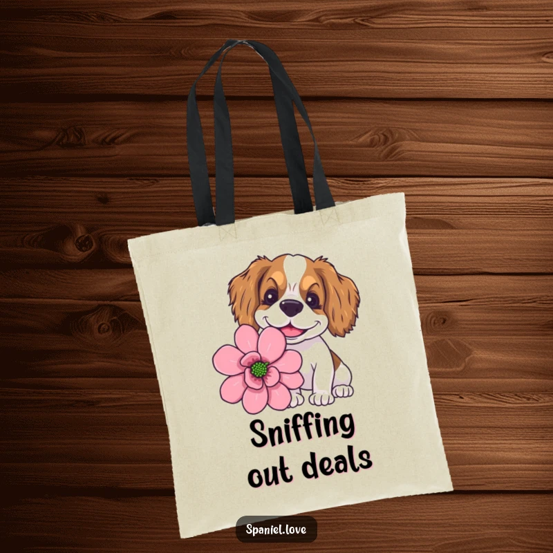 Funny spaniel with a goofy smile sniffing a giant flower on a tote bag, carrying charm and happiness everywhere.
